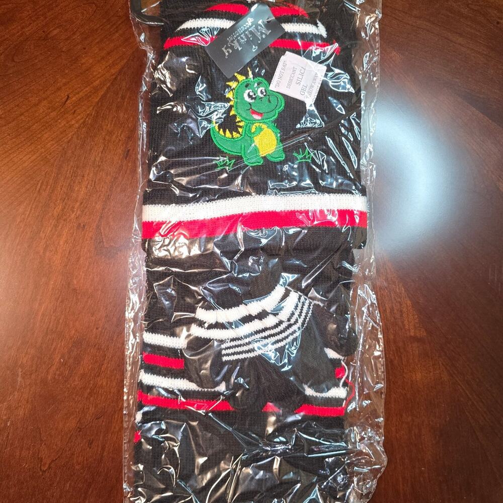 Minky black Dinosaur Scarf and Beanie Set NWT